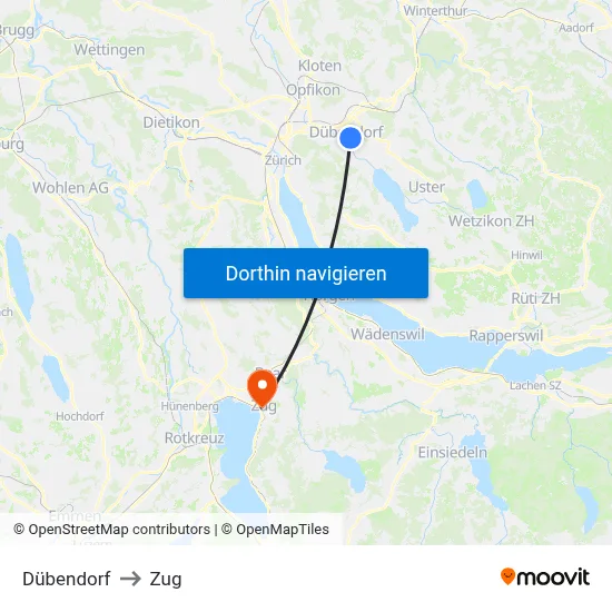 Dübendorf to Zug map