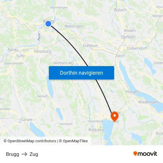 Brugg to Zug map