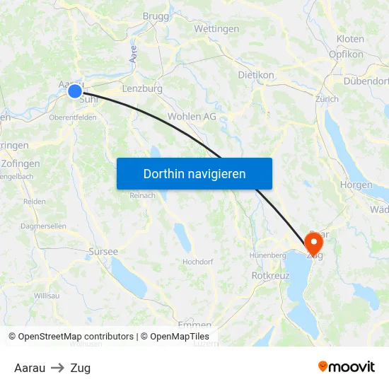 Aarau to Zug map
