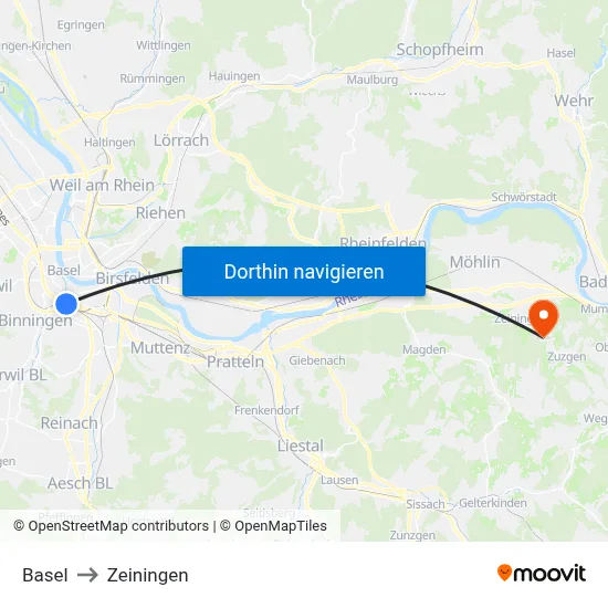 Basel to Zeiningen map