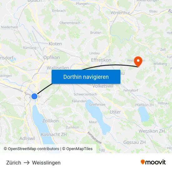 Zürich to Weisslingen map