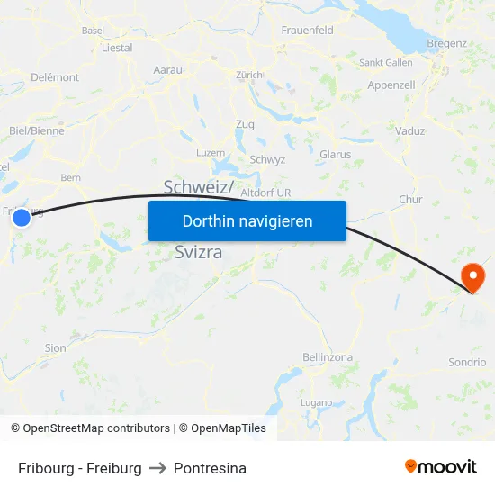 Fribourg - Freiburg to Pontresina map