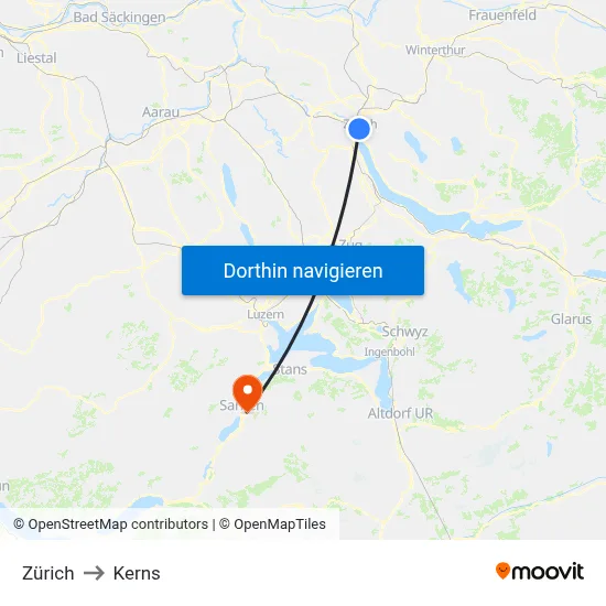 Zürich to Kerns map