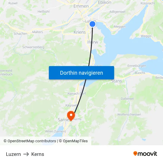 Luzern to Kerns map