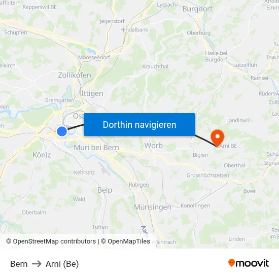 Bern to Arni (Be) map