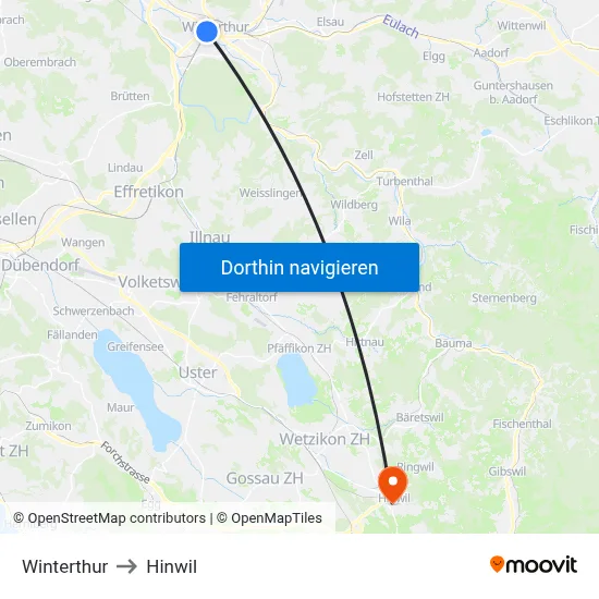 Winterthur to Hinwil map