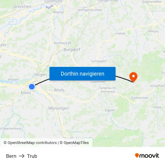 Bern to Trub map