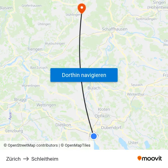 Zürich to Schleitheim map