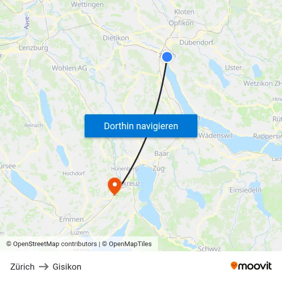Zürich to Gisikon map