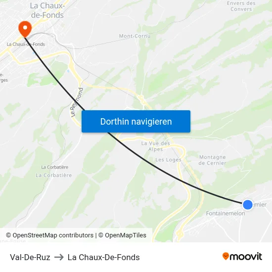Val-De-Ruz to La Chaux-De-Fonds map