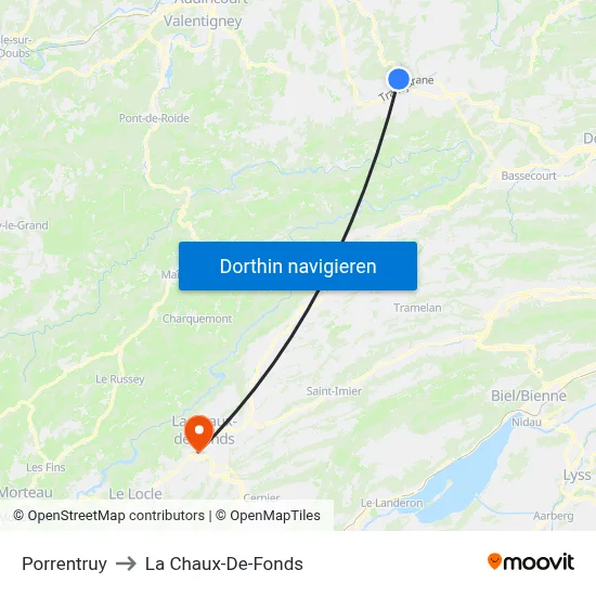 Porrentruy to La Chaux-De-Fonds map