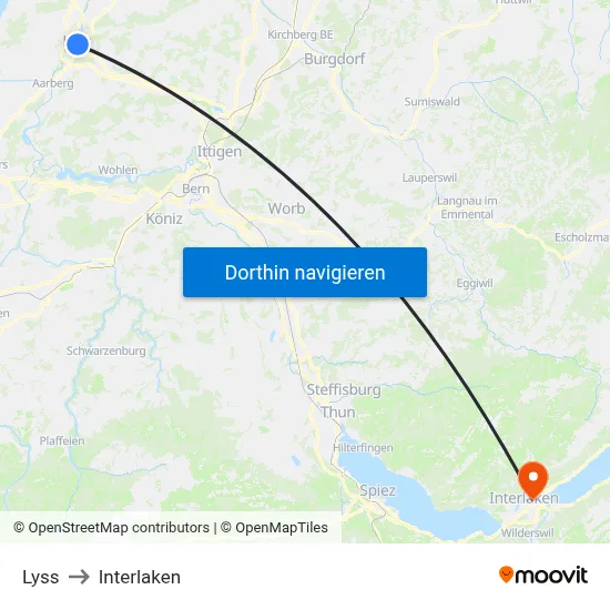 Lyss to Interlaken map
