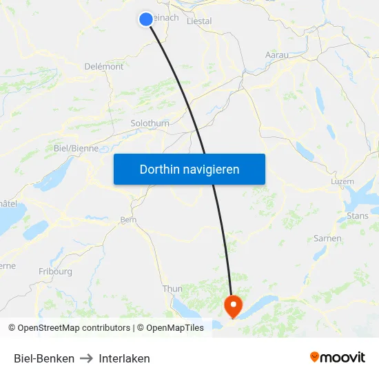 Biel-Benken to Interlaken map