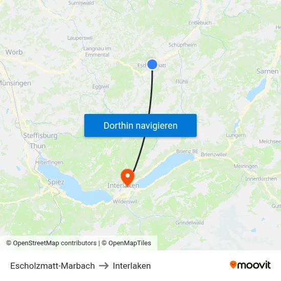 Escholzmatt-Marbach to Interlaken map