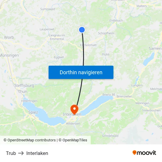 Trub to Interlaken map