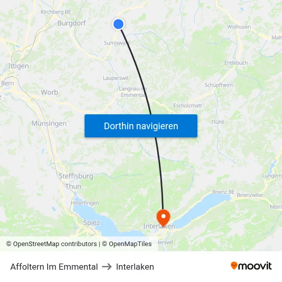 Affoltern Im Emmental to Interlaken map