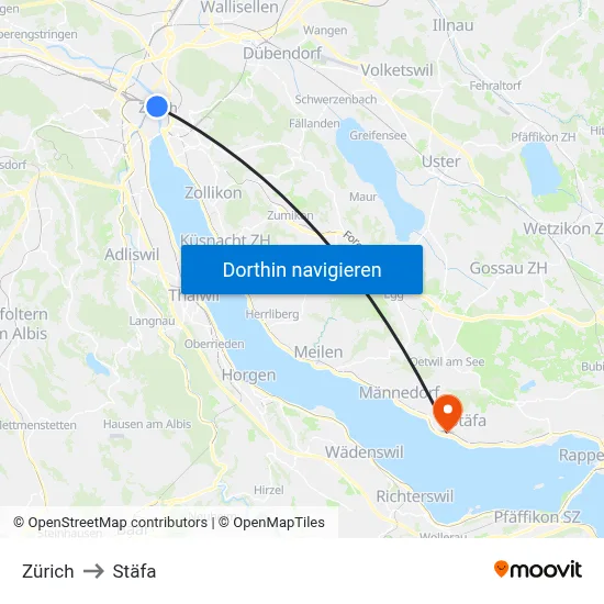 Zürich to Stäfa map