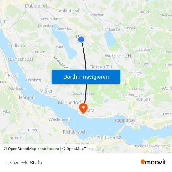 Uster to Stäfa map