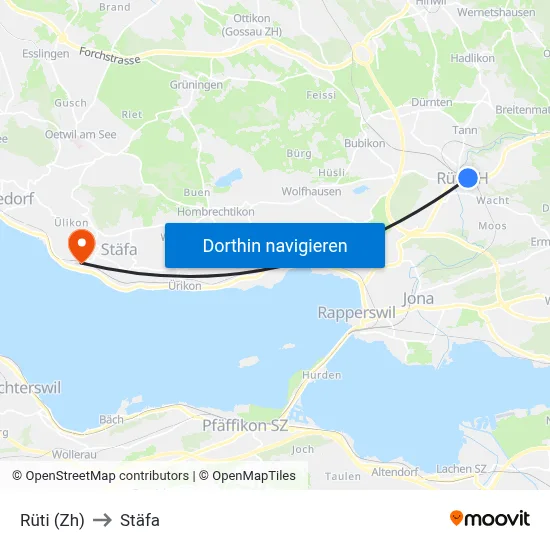 Rüti (Zh) to Stäfa map