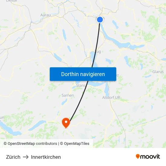 Zürich to Innertkirchen map