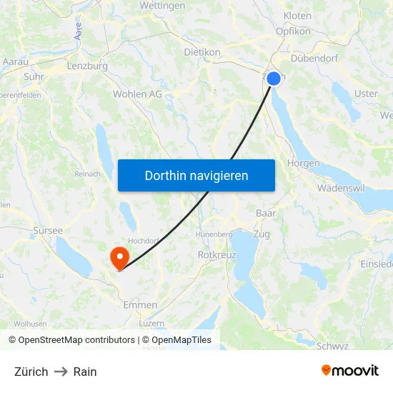Zürich to Rain map