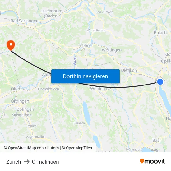 Zürich to Ormalingen map