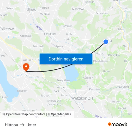 Hittnau to Uster map