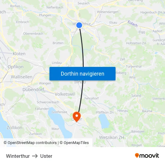 Winterthur to Uster map