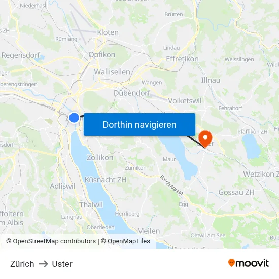 Zürich to Uster map