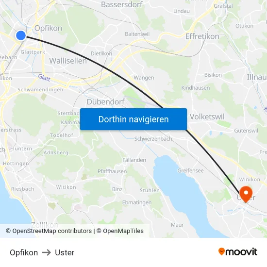 Opfikon to Uster map