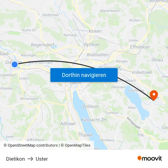 Dietikon to Uster map