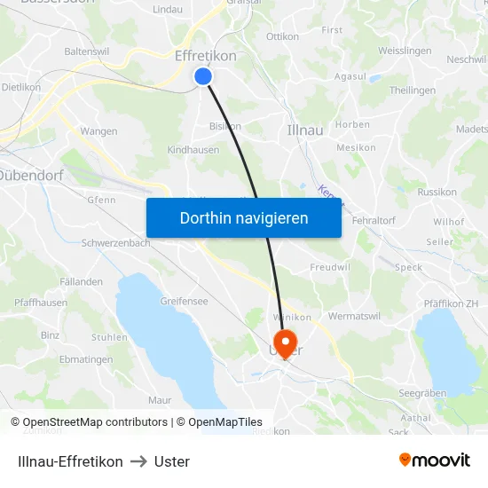 Illnau-Effretikon to Uster map