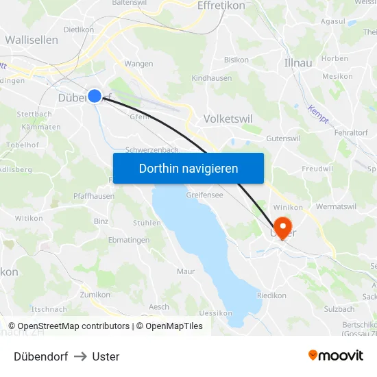 Dübendorf to Uster map