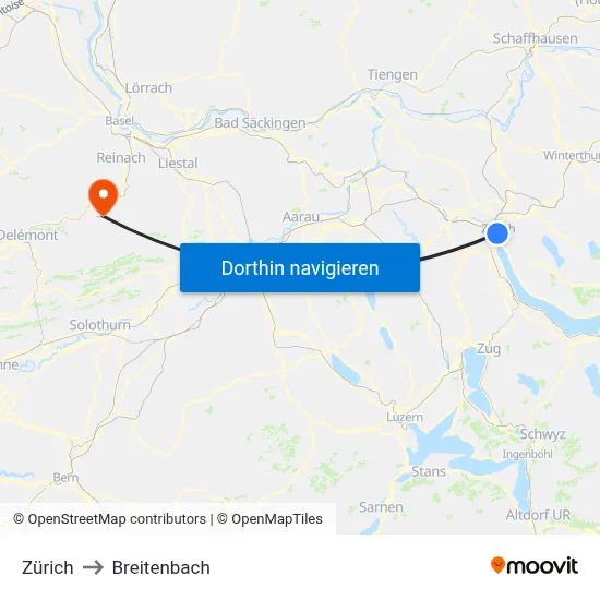 Zürich to Breitenbach map