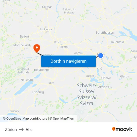 Zürich to Alle map