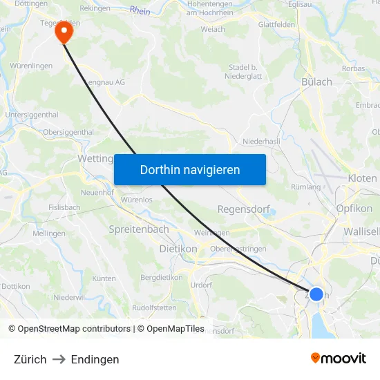 Zürich to Endingen map