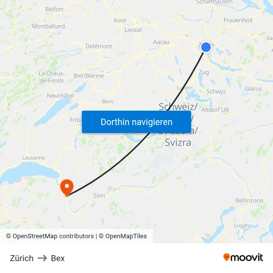 Zürich to Bex map