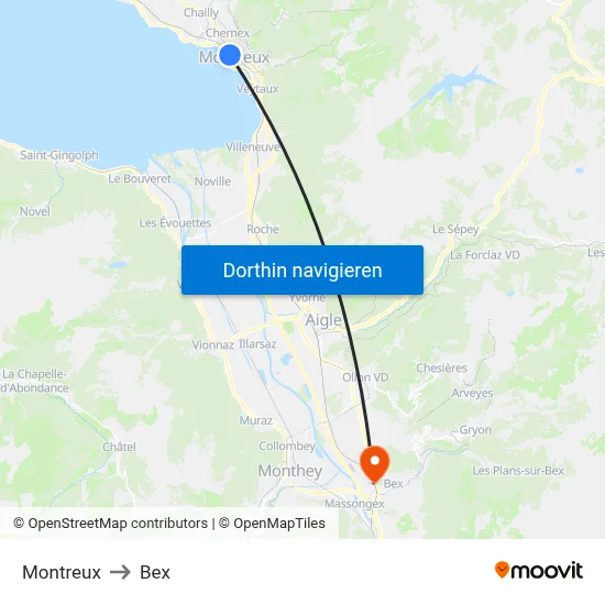 Montreux to Bex map