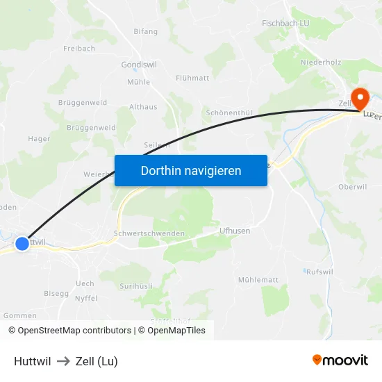 Huttwil to Zell (Lu) map