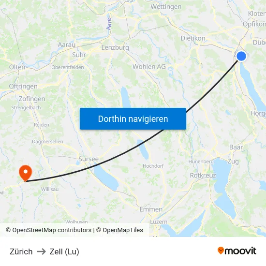 Zürich to Zell (Lu) map