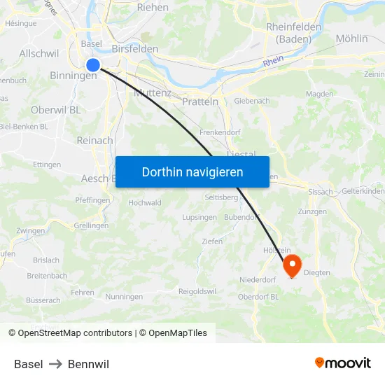 Basel to Bennwil map