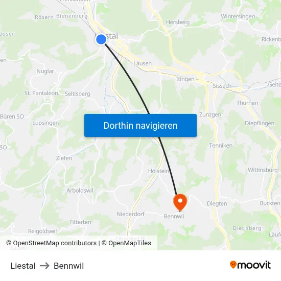 Liestal to Bennwil map