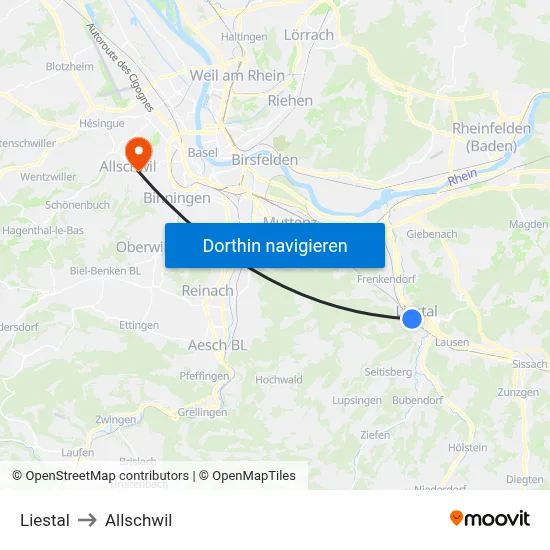 Liestal to Allschwil map