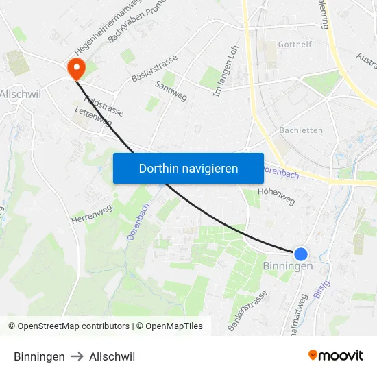Binningen to Allschwil map