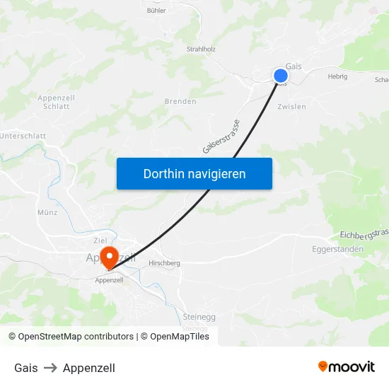 Gais to Appenzell map