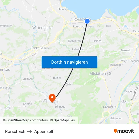 Rorschach to Appenzell map