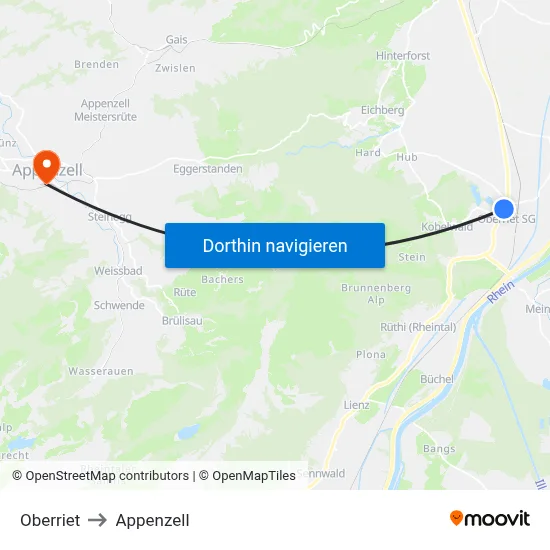 Oberriet to Appenzell map