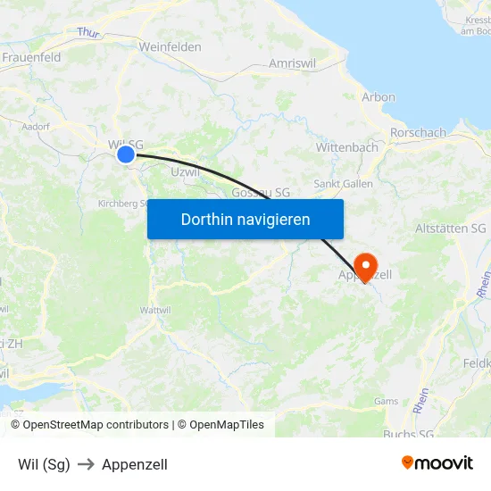 Wil (Sg) to Appenzell map