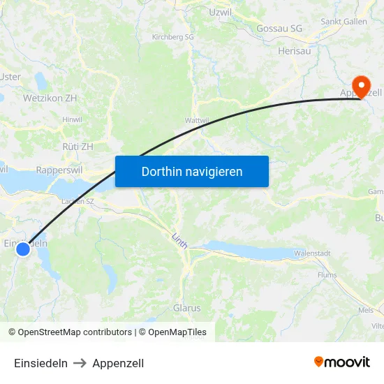 Einsiedeln to Appenzell map