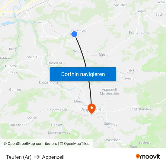 Teufen (Ar) to Appenzell map